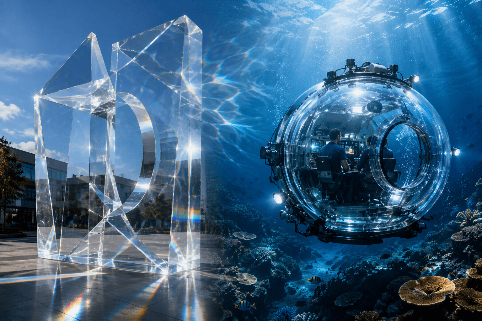 Conceptual illustration showing the evolution of acrylic applications from transparent sculpture to deep-sea submersible technology.