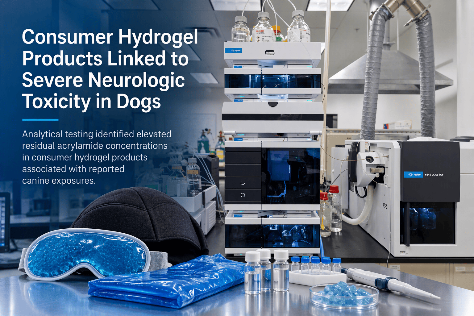 Laboratory analytical instrumentation displayed alongside consumer hydrogel products, including a cooling eye mask, gel pack, and hydrogel beads. Overlay text highlights a report linking consumer hydrogel products to severe neurologic toxicity in dogs and notes elevated residual acrylamide concentrations identified through analytical testing.