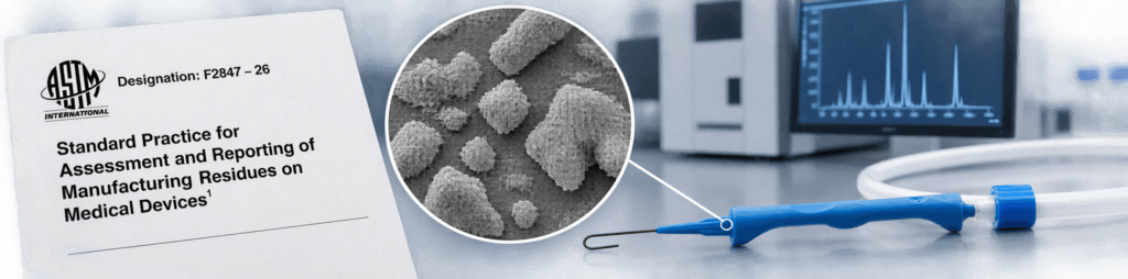 Composite illustration for ASTM F2847-26 showing the ASTM standard document, SEM-style image of manufacturing residue particles on a medical device surface, and analytical laboratory instrumentation used for residue characterization and cleanliness assessment.