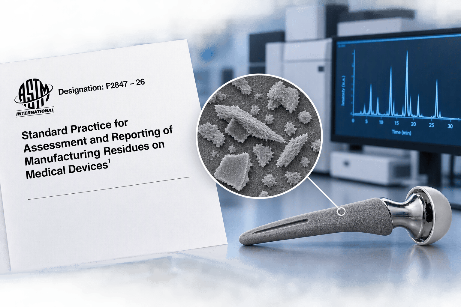 ASTM F2847-26 standard document titled "Standard Practice for Assessment and Reporting of Manufacturing Residues on Medical Devices" displayed beside an orthopedic implant. An inset scanning electron microscope image highlights microscopic residue particles on the implant surface, with analytical instrumentation and a chromatogram visible in the background.