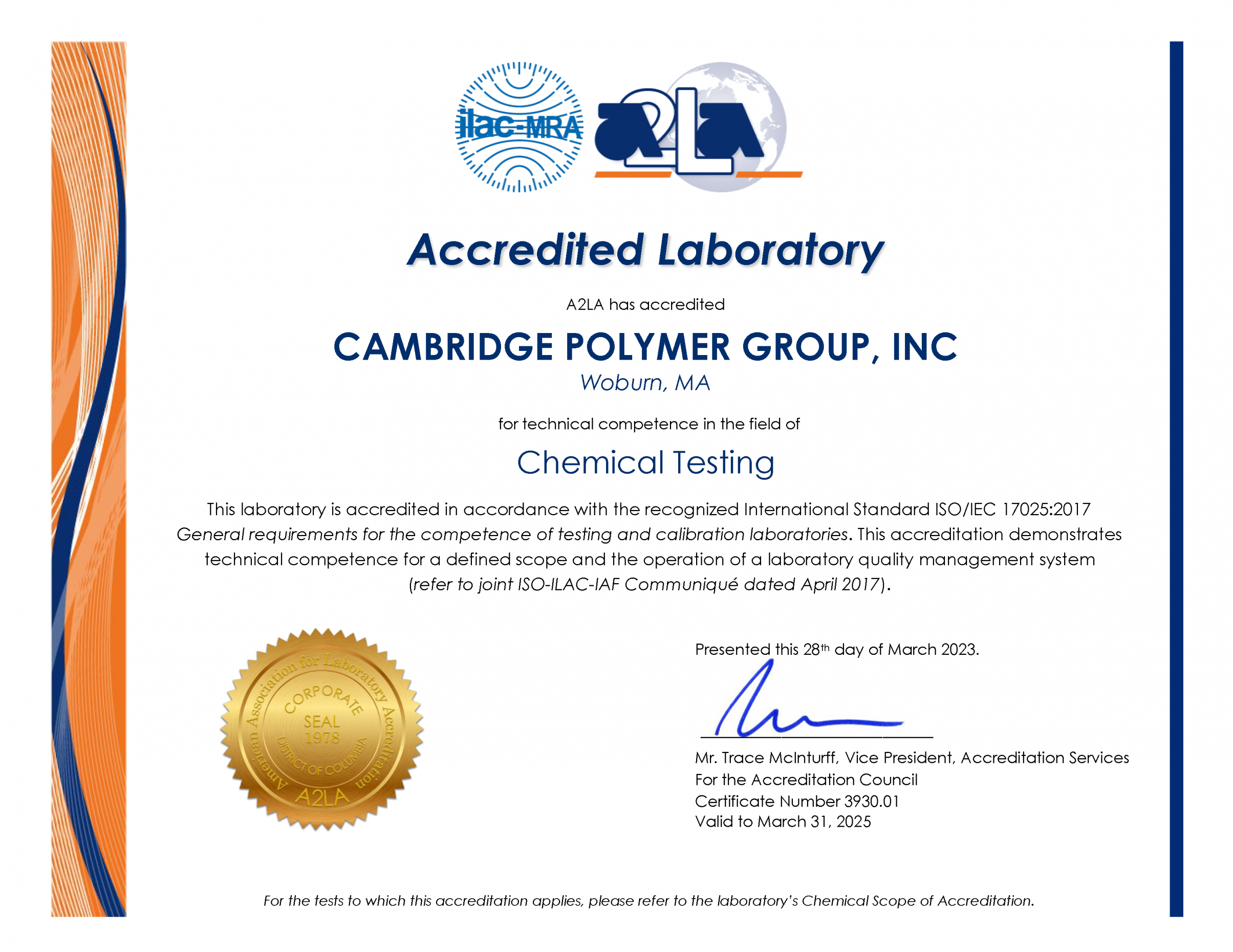 ISO 17025:2017 Certification Number 3930.01